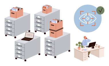Belge kutuları ve dizüstü bilgisayarı olan dolaplar, masa başında çalışan çalışanlar, veri güvenlik simgesi. Depolama, organizasyon, ofis görevleri, güvenlik, dijital çalışma, analitik basit düz metafor