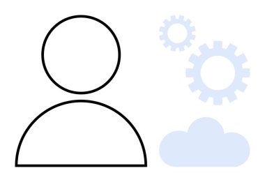 Mavi dişliler ve bulut görüntüleriyle çevrili kullanıcı profili. İş akışı, bulut hesaplama, teknoloji, otomasyon, yenilik, kullanıcı yönetimi ve dijital dönüşüm için ideal. Basit düz