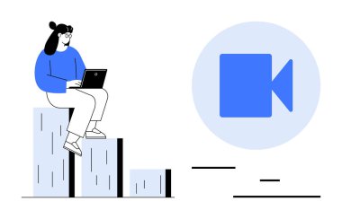 Dizüstü bilgisayarı olan bir kadın video simgesinin yanında yükselen grafik çubuklarına oturmuş, büyümeyi ve çevrimiçi etkileşimi sembolize ediyor. Takım çalışması, ilerleme, analitik, uzaktan çalışma, teknoloji, eğitim, basit