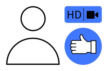 Özetlenmiş kişi simgesi, HD video işaretleyici ve mavi çemberde işaret işareti. Medya, yayın, sosyal medya, kullanıcı arayüzü, geribildirim, basit iniş sayfası için ideal