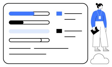 Aşamaları, kontrol listesi ögelerini gösteren ilerleme çubukları ve bir klasör tutan, organizasyonu, izleme ve dijital araçları vurgulayan daimi bir profesyonel. Üretkenlik, teknoloji ve iş akışı için ideal