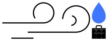 Mavi bir damlacıkla eşleştirilmiş minimalist rüzgar girdapları ve siyah evrak çantası doğal güçleri iş dengesi ile birleştirir. Hava, sürdürülebilirlik, iş, su, ekoloji, enerji, temiz gelecek için idealdir. Basit.