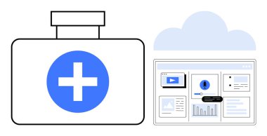 Mavi tıbbi haç, bulut grafiği ve veri analizi paneli olan beyaz ilk yardım çantası. Sağlık teknolojisi, tıbbi kayıtlar, teletıp, dijital araçlar, yenilik, uzaktan bakım için ideal