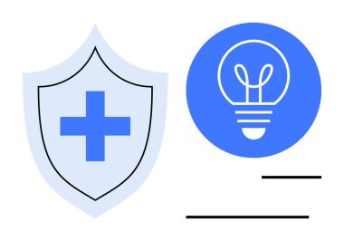 Mavi dairenin yanında tıbbi haç olan kalkan bir ampulü barındırıyor. Sağlık, tıbbi yenilik, teknoloji, koruma, güvenlik, fikirler, sağlık kampanyaları için idealdir. Basit bir iniş için mükemmel.