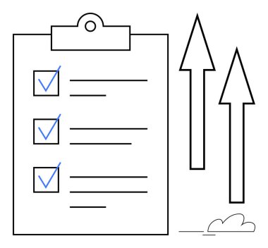 Yukarı doğru büyümeyi, ilerlemeyi ve başarıyı sembolize eden oklarla birlikte tamamlanmış görevlerin bir listesini içeren pano. Üretim, planlama, hedef belirleme, iş büyümesi ve başarı için ideal