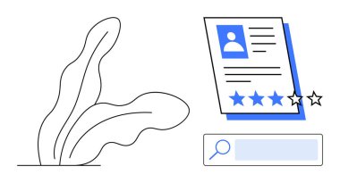 Bir arama çubuğu ve soyut fabrika ile birlikte fotoğraf, detay ve derecelendirme yıldızları içeren kullanıcı profili. İşe alım, geri bildirim, değerlendirme sistemi, kullanıcı analizi, yetenek araması, HR araçları için ideal basit iniş