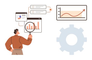 Çubuk grafikler ve grafik veriler üzerinde büyüteç tutan kişi. Vites sembolü optimizasyonu öneriyor. Analiz, araştırma, iş büyümesi, strateji, veri içgörüleri, yönetim, daire için ideal