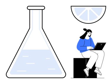 Büyük bir laboratuvar matarasının yanında dizüstü bilgisayar kullanan bir kadın ve üstünde bir narenciye dilimi. Yaratıcılık, yenilik, bilim, araştırma, teknoloji, eğitim ve üretkenlik temaları için idealdir. En düşük düz