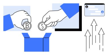 Şifreli para ve bozuk paraları bir kutuya koyan eller iletişim için sohbet penceresi ve finansal büyümeyi temsil eden yukarı doğru oklar. Kitle fonlama, takım çalışması, tasarruf, zenginlik, finans uygulamaları için ideal