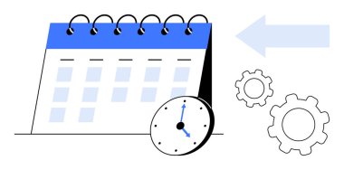 Saati gösteren bir takvim, süreci sembolize eden dişliler ve solu gösteren bir ok. Organizasyon için ideal, iş akışı, planlama, verimlilik, zaman izleme, otomasyon sade iniş sayfası