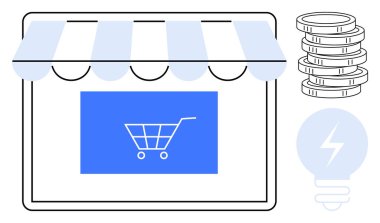 Ekranda bozuk paralar ve ampullerle çevrili bir alışveriş arabası olan dijital mağaza önü. Çevrimiçi alışveriş, e-ticaret yeniliği, dijital pazarlama, finans, ekonomi, girişimcilik için ideal