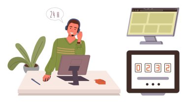 Masa başı, bilgisayar ve internet istatistiklerinde çalışan kulaklık takan erkek destek ajanı. Geri sayım ekranı, monitör ve saksı fabrikası yakında. Müşteri hizmetleri, yardım masası ve teknik destek için ideal