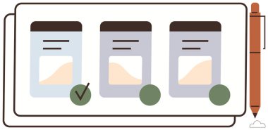 Farklı başlıkları ve grafikleri olan üç ürün kartı bir seri halinde dizilmiş, biri yeşil işaretli. Karar verme, ürün karşılaştırması, iş stratejisi, değerlendirme, kullanıcı için ideal