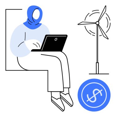 Dizüstü bilgisayarda çalışan kadın ve rüzgar türbini sürdürülebilir enerji dolar ikonunu temsil ediyor. Yenilik için ideal, sürdürülebilirlik, uzak çalışma, yeşil enerji, teknoloji, yenilenebilir kaynaklar
