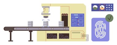 Robot montaj makinesi, kontrol paneli ve parmak izi doğrulaması olan endüstriyel taşıma bandı. Otomasyon, güvenlik, imalat, teknoloji, robotik, kalite kontrol yenilikçiliği için ideal