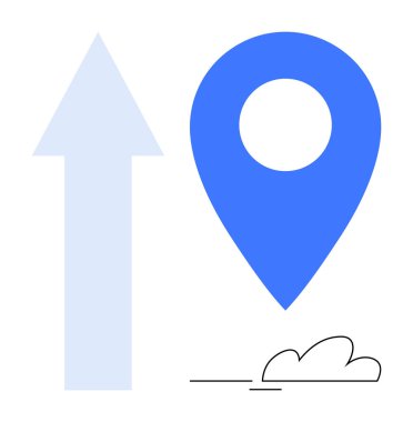 Mavi lokasyon iğnesi, yukarı doğru ok ve seyrüsefer, seyahat, başarı, keşif, ilerleme, varış yönünü sembolize eden minimalist bulut tasarımı. Uygulamalar, haritalar, seyahat rehberleri için ideal