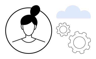 Dairesel bir çerçevede kadın portresi, yanında bulut ve dişliler var. Teknoloji, yenilik, ağ oluşturma, işbirliği, bulut hesaplama, dijital büyüme, basit iniş sayfası için ideal