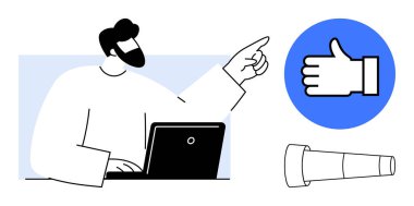 İşaret dili olan dizüstü bilgisayar, daire şeklinde baş parmak işareti ve teleskop kullanan biri. Takım çalışması, motivasyon, liderlik, öngörü, onay ve karar verme sayfası için ideal