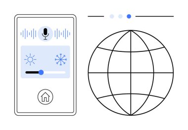 Mikrofon simgesiyle mobil arayüz, ses dalgaları, güneş ve kar simgeleri için kontroller, kaydırma. Izgara küresi bağlantıyı vurguluyor. Otomasyon için ideal, Al, IOT, akıllı teknoloji enerji uzaktan kumandası