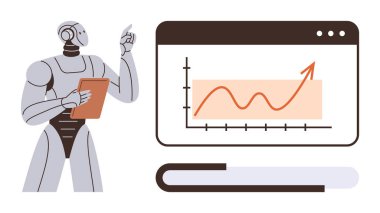 Pano tutan insansı robot artan bir grafikle ekranı inceliyor. Teknoloji, yapay zeka, otomasyon, ilerleme, veri analizi, yenilik makinesi eğitimi için idealdir. Basit düz metafor