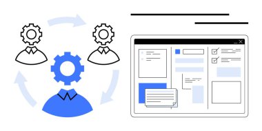 Dairesel iş akışındaki dişli başlıklı avatarlar ve tarayıcı başparmakları ile arayüz ekranları. İşbirliği, organizasyon, takım çalışması, üretkenlik, iletişim, yönetim ve süreç planlaması için ideal