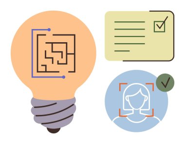 Devreli ampul, şah ile profil resmi doğrulaması ve kontrol listesi yenilik, teknoloji, güvenlik ve organizasyonu sembolize eder. Yaratıcılık, kimlik doğrulama, problem çözme için ideal