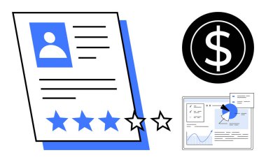 Kullanıcı profili ve yıldız reytingli gözden geçirme kartı finansal başarıyı gösteren dolar işareti ve veri analizini vurgulayan analitik torpido gözü. Kullanıcı geribildirimi, müşteri memnuniyeti ve finans için ideal