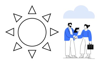 İki profesyonel el sıkışarak selamlaşır, bulut altında belge alışverişinde bulunurlar. Onların yanında, asgari güneş tasarımı enerjiyi, fırsatı ve büyümeyi simgeler. Takım çalışması ve işbirliği için ideal başarı.