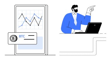 Bilgisayarı analiz eden bir iş adamı, işaret eden bir jest, Bitcoin fiyat tablosunu gösteren bir akıllı telefon ekranı. Kripto para birimi, finans, analiz, yatırım, teknoloji, dijital iş için ideal