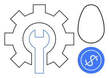 İnovasyonu sembolize eden vites ve ingiliz anahtarı, potansiyeli temsil eden yumurta şekli, ve yatırımı yansıtan dolar simgesi. Geliştirme, mekanik, yaratıcılık, işletme, girişimler, üretkenlik finansmanı için ideal
