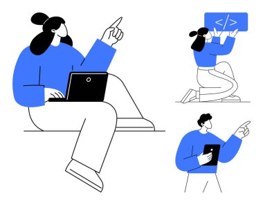 İnsanların teknolojiyle ilgilenmesi, dizüstü bilgisayarlar ve tabletler kullanmak ve işbirliği içinde kodlamak dahil. Eğitim, takım çalışması, kodlama uygulamaları, öğrenme platformları, verimlilik, işbirliği için ideal