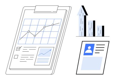 Grafik, kontrol listesi ve veri görsellerini gösteren pano, büyümeyi gösteren bar tablosu ve kimlik kartı. İş analizleri, pazarlama eğilimleri, performans değerlendirmesi ve finansman büyüme stratejileri için ideal