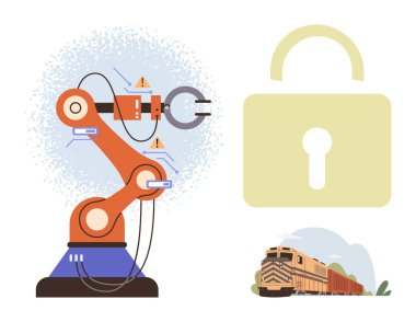 Robot kol montajı, siber güvenlik için büyük asma kilit taşımayı simgeleyen yük treni, otomasyon. Teknoloji, güvenlik, ulaşım, yenilik ve sanayi mühendisliği için idealdir.