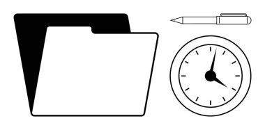 Dosya klasörü, saat, tükenmez kalem zaman yönetimini, belge organizasyonunu, üretkenliği, görev planlamasını sembolize eder. Ofis, iş akışı, verimlilik süresi proje yönetimi için ideal