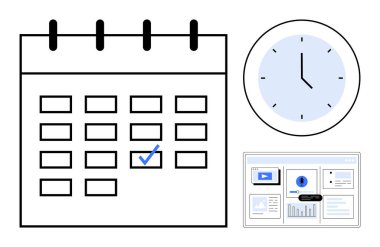 İşaretli tarihli takvim, saati gösteren saat ve gösterge tablosu arayüzü. Zaman yönetimi, programlama, verimlilik, organizasyon, iş akışı stratejisi için ideal. Temiz düz metafor