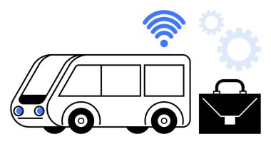 Kablosuz bağlantı ikonu, evrak çantası ve teknoloji, otomasyon, hareket kabiliyeti, verimlilik, yenilik, ulaşım ve işi simgeleyen vites sembollü otobüs. Seyahat için ideal akıllı şehirler