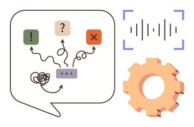 Konuşma balonu kafa karışıklığı, soru işareti, ünlem işareti ve X 'i gösteriyor. İşlem için vites sembolü, berraklık için ses dalgası. Beyin fırtınası, iletişim, iş akışı sorun giderme için ideal