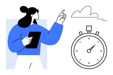 Tablet tutan ve kronometresi olan bir buluta doğru hareket eden kadın zamanlamayı, odaklanmayı ve bulut temelli görevleri sembolize ediyor. Üretkenlik, planlama, verimlilik, teknoloji, iş akışı için ideal