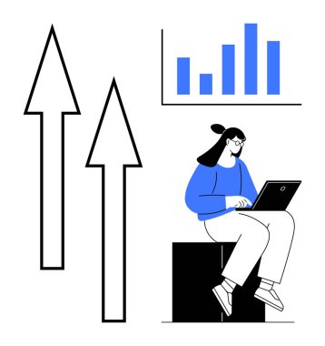 Dizüstü bilgisayarlı bir kadın, veri eğilimlerini inceliyor. Yukarı doğru büyüyen oklar ve bar tablosu ilerlemeyi ve analizi vurguluyor. İş, başarı, teknoloji, veri, pazarlama, eğitim ekip çalışması için ideal