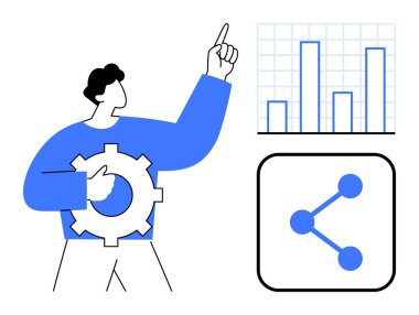 Yukarıya bakan vites kutusu, veri büyümesini temsil eden çubuk çizelgesi, bağlantıyı sembolize eden simge paylaşımı. Takım çalışması, strateji, analitik, teknoloji, ağ, yenilik için idealdir.