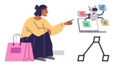 Alışveriş çantasının yanında oturan bir kadın dizüstü bilgisayardaki görevleri analiz eden bir robotu işaret ediyor. Yapay zeka, teknoloji, e-ticaret, yenilik, otomasyon, dijital yardım, basitleştirme için ideal