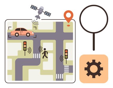 Kavşakta yaya, trafik ışıkları, uydu, GPS ve ayarlama simgesiyle bağlantılı bir araç var. Ulaşım, şehir planlaması, akıllı şehir otomasyon navigasyon güvenliği için ideal. Basit.