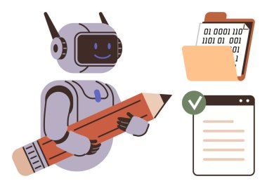 Robot kalem tutuyor, ikili dosya dizini ve yeşil işaretli kontrol listesi penceresini tamamladı. Yapay zeka, otomasyon, veri işleme, teknoloji, makine öğrenme, yazma araçları için ideal