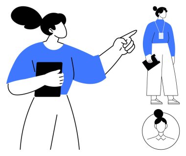 Tablet tutan kadın öne bakıyor, kimlik kartı ve not panosu olan ikincil şahıs, kafasından vurulmuş. Liderlik, iş, organizasyon, takım çalışması, kariyer rehberliği için ideal. Düz basit