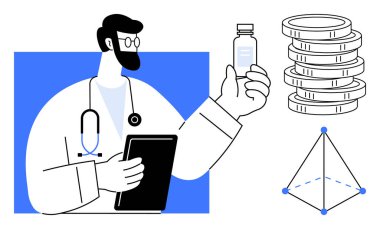 Doktor elinde ilaç, finans ve analitiği sembolize eden madeni para desteleri ve geometrik şekillerle bir şişe ve tablet tutuyor. Sağlık, yenilik, finans, teknoloji, veri bilimi yatırımı için ideal