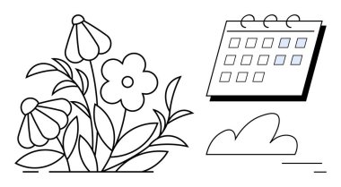 Çiçekler, bir takvim ve büyümeyi, planlamayı ve doğayı vurgulayan küçük bir bulutun yanında çiçek açıyor. Temalar için ideal zamanlama, sağlık, mevsimsel odak, bahçıvanlık, çevre bilinci