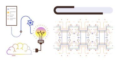 İş akışı elementleri bulutu, ayarları, fikir ampulünü, planları ve devre şablonlarını engeller. Yenilik için ideal, beyin fırtınası, dijital teknoloji, iş akışı stratejisi bağlantı yaratıcı