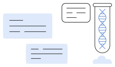 Analizi ve bilgi paylaşımını sembolize eden metin kutularının yanında test tüpündeki DNA çift sarmalı. Bilim, genetik, biyokimya, araştırma, eğitim, yenilik ve iletişim için ideal. Basit.