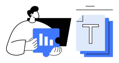 Birikmiş metin dokümanları ve dijital içeriğin yanında veri bulmacası parçası tutan kişi. Analiz, takım çalışması, planlama, problem çözme, iletişim, içerik oluşturma, basit iniş sayfası için ideal