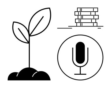 Topraktan filizlenen bitki, yığınla kitap, mikrofon ikonu. Eğitim, sürdürülebilirlik, yenilik, öğrenme, iletişim büyüme ekolojisi için idealdir. Basit bir iniş sayfası için mükemmel.